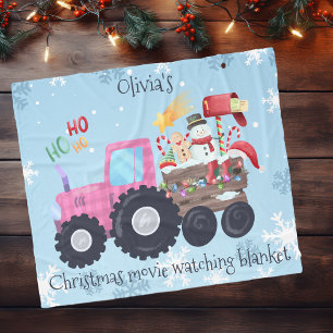 Tractor Christmas Movie Watching Pink Fleece Blanket