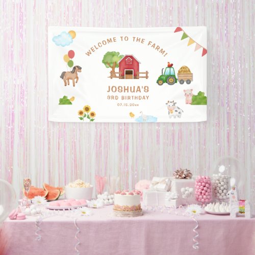 Tractor Cute Red Barn Animals Birthday Party Banner