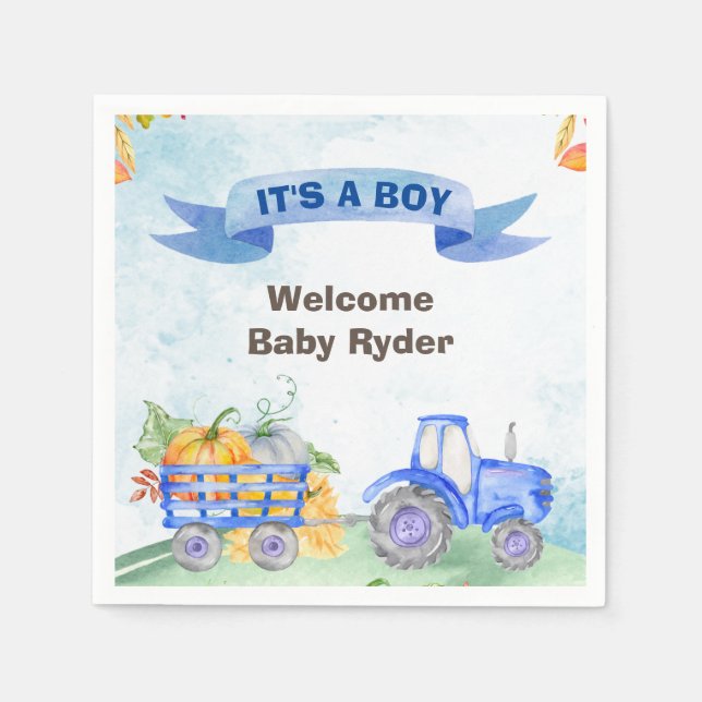 tractor fall pumpkins watercolor blue napkins (Front)