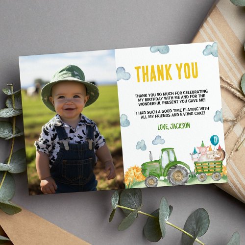 Tractor Farm Animal Birthday Photo Thank You Card