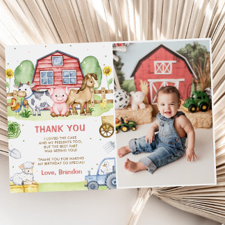 Tractor Farm Animals 1st Birthday Photo Thank You Card
