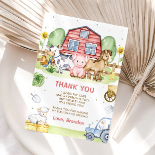 Tractor Farm Animals 1st Birthday Thank You Card