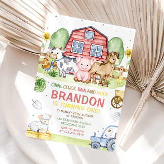 Tractor Farm Animals Oink Baa Moo 1st Birthday Invitation