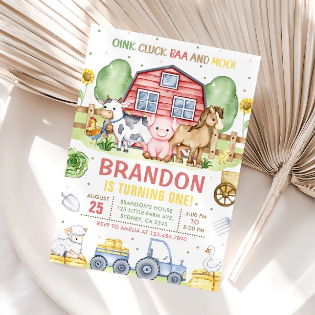 Tractor Farm Animals Oink Baa Moo 1st Birthday Invitation (Creator Uploaded)