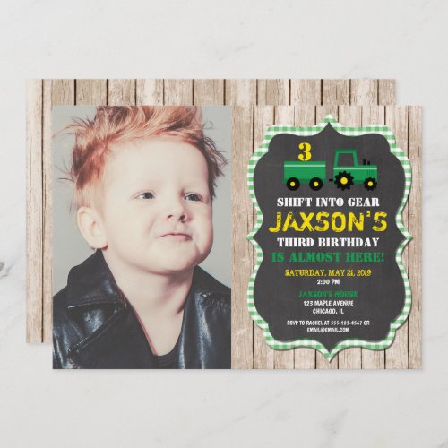 Tractor Farm birthday boy green yellow wood photo Invitation