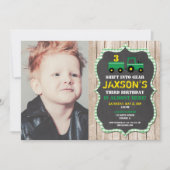 Tractor Farm birthday boy green yellow wood photo Invitation (Front)