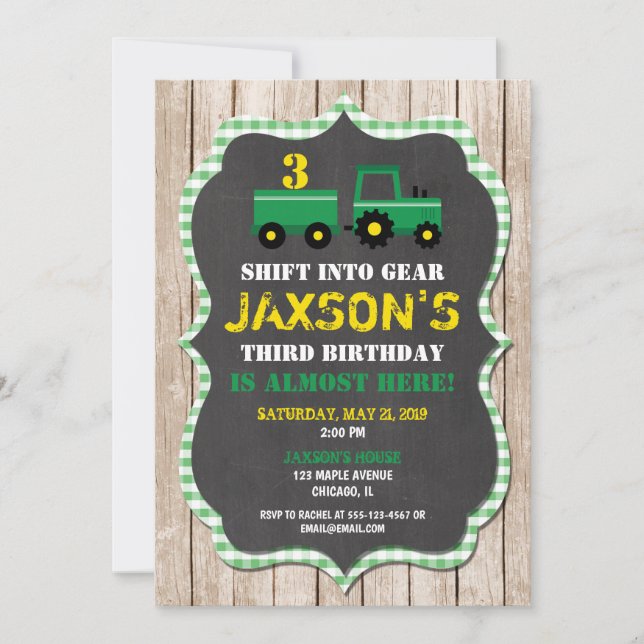 Tractor Farm birthday invitation boy wood (Front)