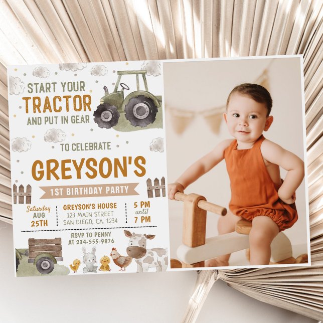 Tractor Farm Birthday Party Animals Barn Photo Invitation (Creator Uploaded)