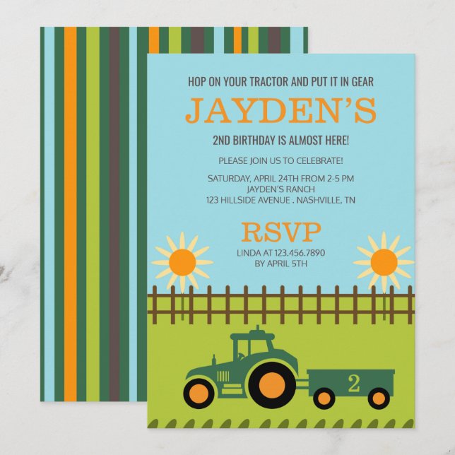 Tractor / Farm Birthday Party Invitation (Front/Back)