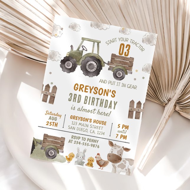 Tractor Farm Boy 3rd Birthday Party Invitation (Creator Uploaded)