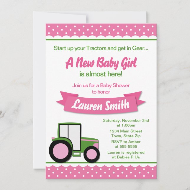 Tractor Girl Baby Shower Invitation 5x7 Card (Front)