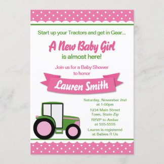 Tractor Girl Baby Shower Invitation 5x7 Card