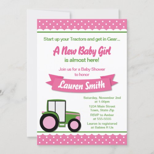 Tractor Girl Baby Shower Invitation 5x7 Card