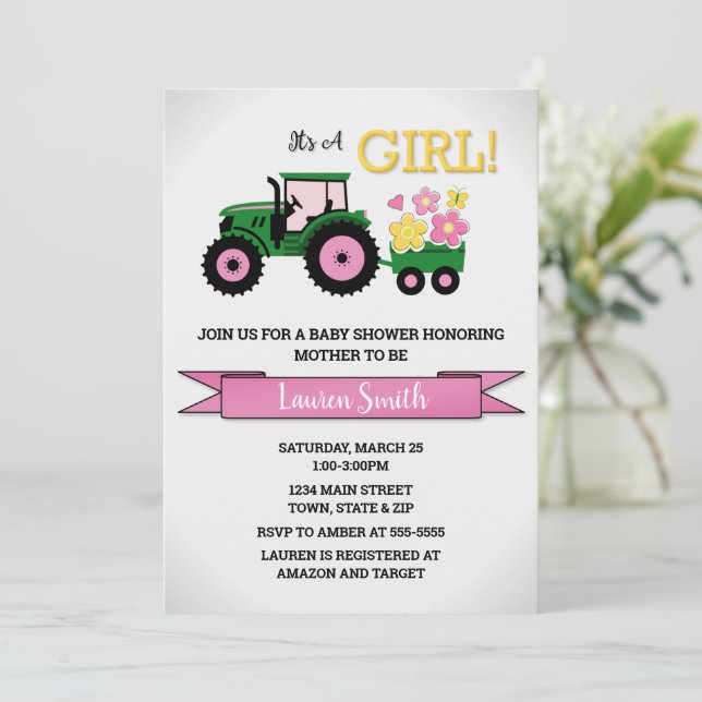 Tractor Girl Baby Shower Invitation, Pink Tractor  Invitation (Standing Front)