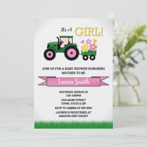 Tractor Girl Baby Shower Invitation Pink Tractor  Invitation