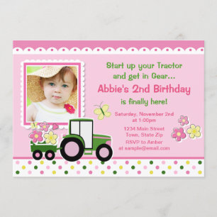 Tractor Girl Birthday Invitation 5x7 Photo Card