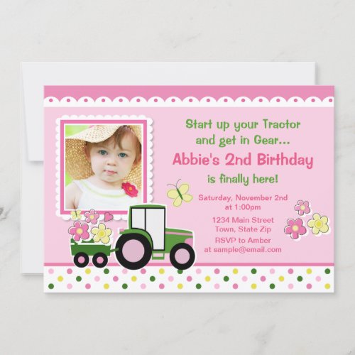 Tractor Girl Birthday Invitation 5x7 Photo Card