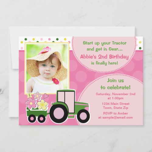 Tractor Girl Birthday Invitation 5x7 Photo Card