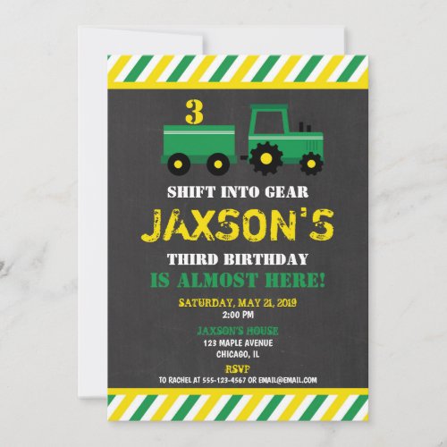 Tractor green and yellow birthday invitation boy