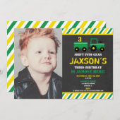 Tractor green and yellow boy birthday photo invitation (Front/Back)