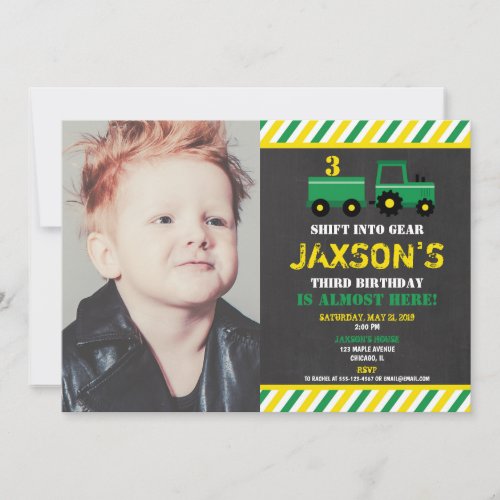 Tractor green and yellow boy birthday photo invitation