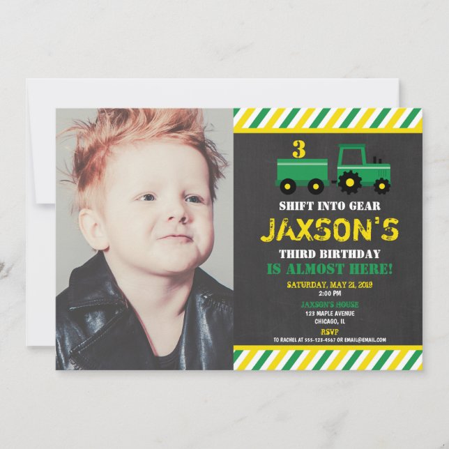 Tractor green and yellow boy birthday photo invitation (Front)