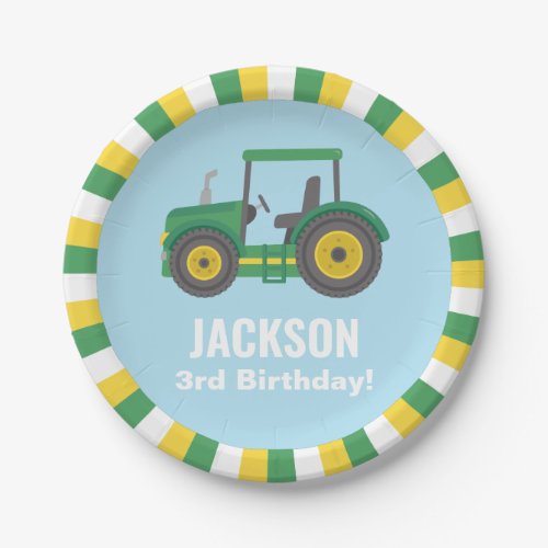 Tractor Green Yellow White Border Boys Birthday Paper Plates