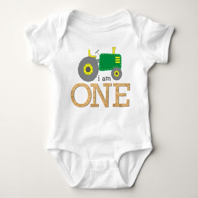 Tractor Green Yellow Wood 1st First Birthday Baby Bodysuit (Front)