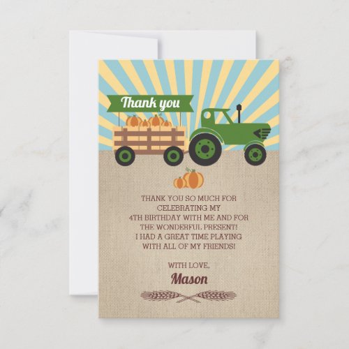 Tractor Hayride Pumpkin Birthday Thank You Card