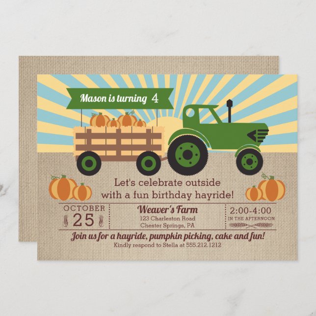 Tractor Hayride Pumpkin Picking Birthday Party Invitation (Front/Back)