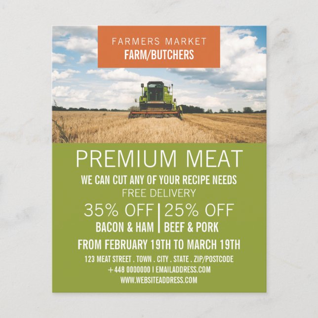 Tractor in Field, Farmer & Butcher Advertising Flyer (Front)