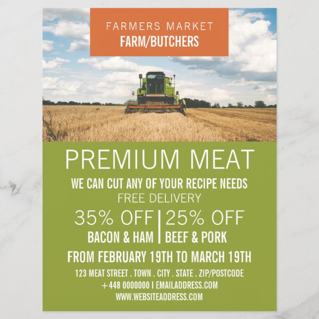 Tractor in Field, Farmer & Butcher Advertising Flyer (Front)