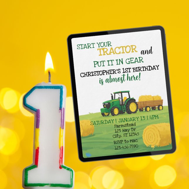 Tractor in Gear, 1st Birthday Invitation (Creator Uploaded)