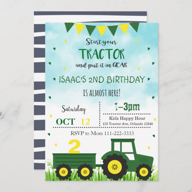 Tractor Invitation, Tractor Birthday Invite (Front/Back)