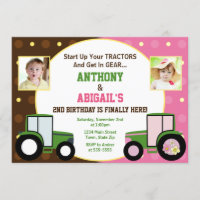 Tractor Joint Birthday Invitation Twin Invitation