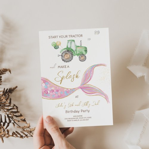 Tractor Mermaid Joint Theme Birthday Invitation 