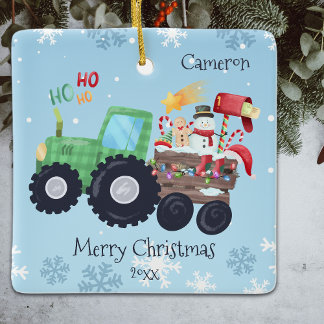 Tractor Merry Christmas Name And Year Ceramic Ornament