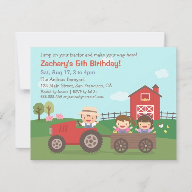 Tractor on Farm Kids Birthday Party Invitations (Front)