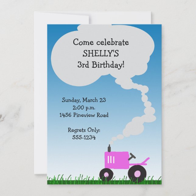 Tractor Party Invitation: Pink Tractor Invitation (Front)
