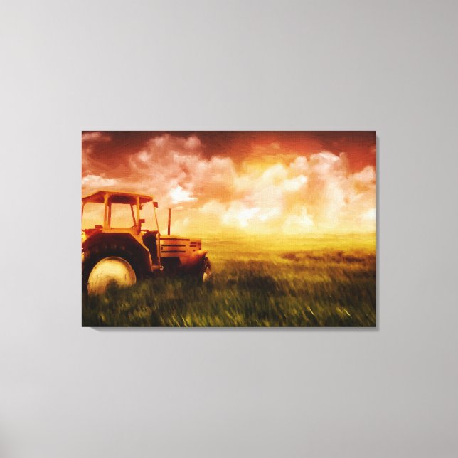 Tractor Plowing Oil Painting Print Wrapped (Front)