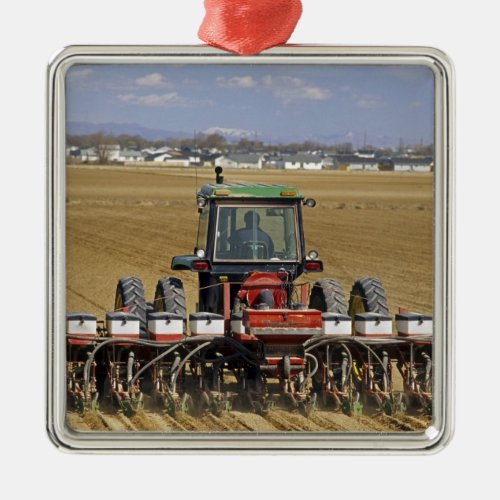 Tractor pulling a seed corn planter metal ornament