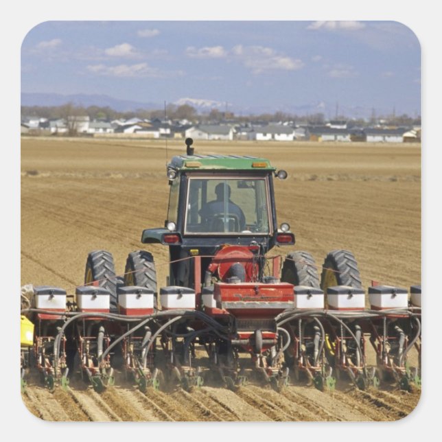 Tractor pulling a seed corn planter. square sticker (Front)