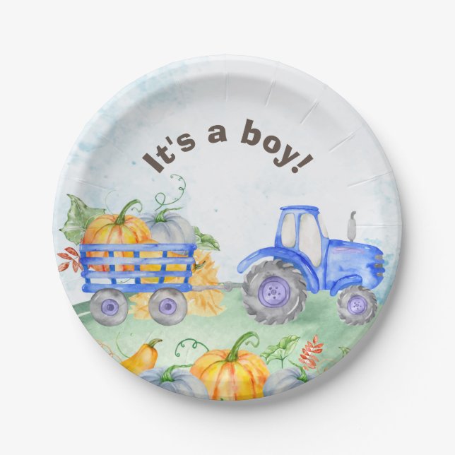 Tractor pumpkin blue watercolor paper plates (Front)