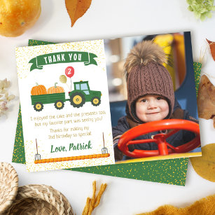 Tractor Pumpkin Fall Birthday Photo Thank You Card
