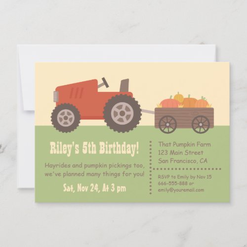 Tractor Pumpkin Kids Birthday Party Invitations