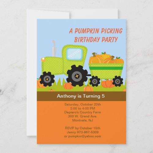 Tractor Pumpkin Picking Birthday Party Invitation