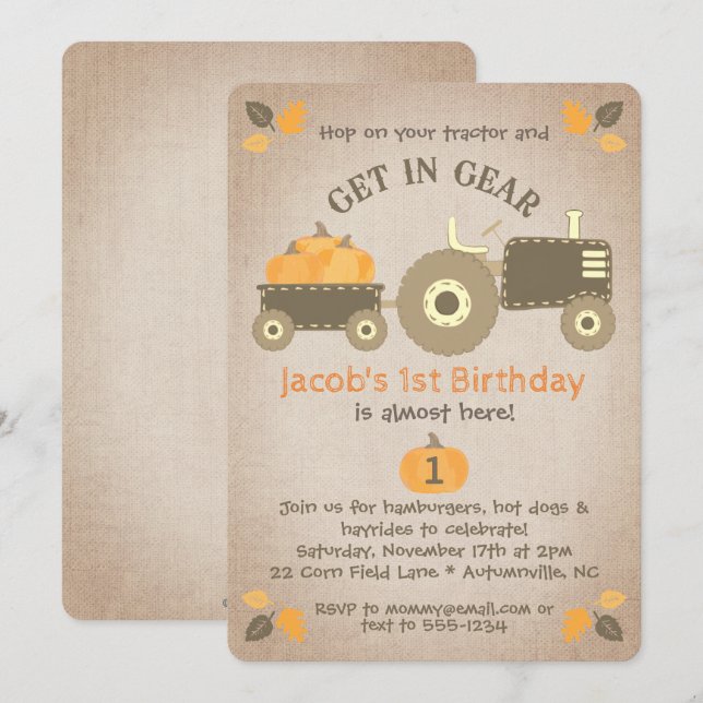 Tractor Pumpkins & Leaves Fall Birthday Party Invitation (Front/Back)
