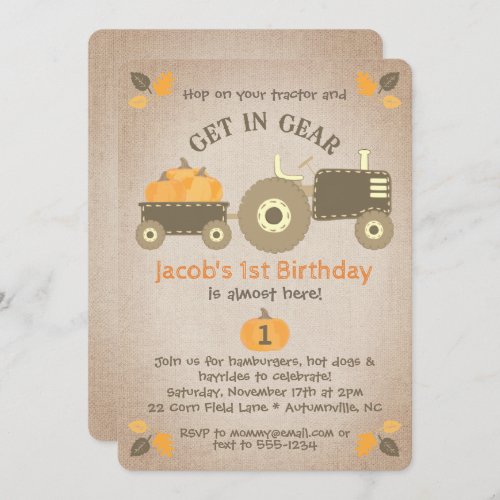 Tractor Pumpkins  Leaves Fall Birthday Party Invitation