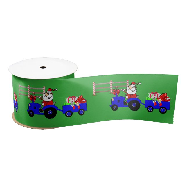 Tractor Santa With Gift Trailer Print 3 inch Satin Ribbon (Spool)