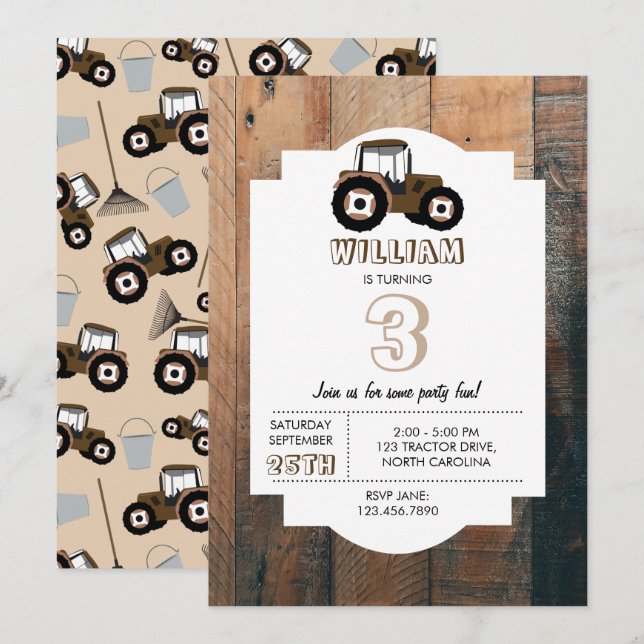 Tractor Truck Pattern Farm Equipment Birthday Invitation (Front/Back)